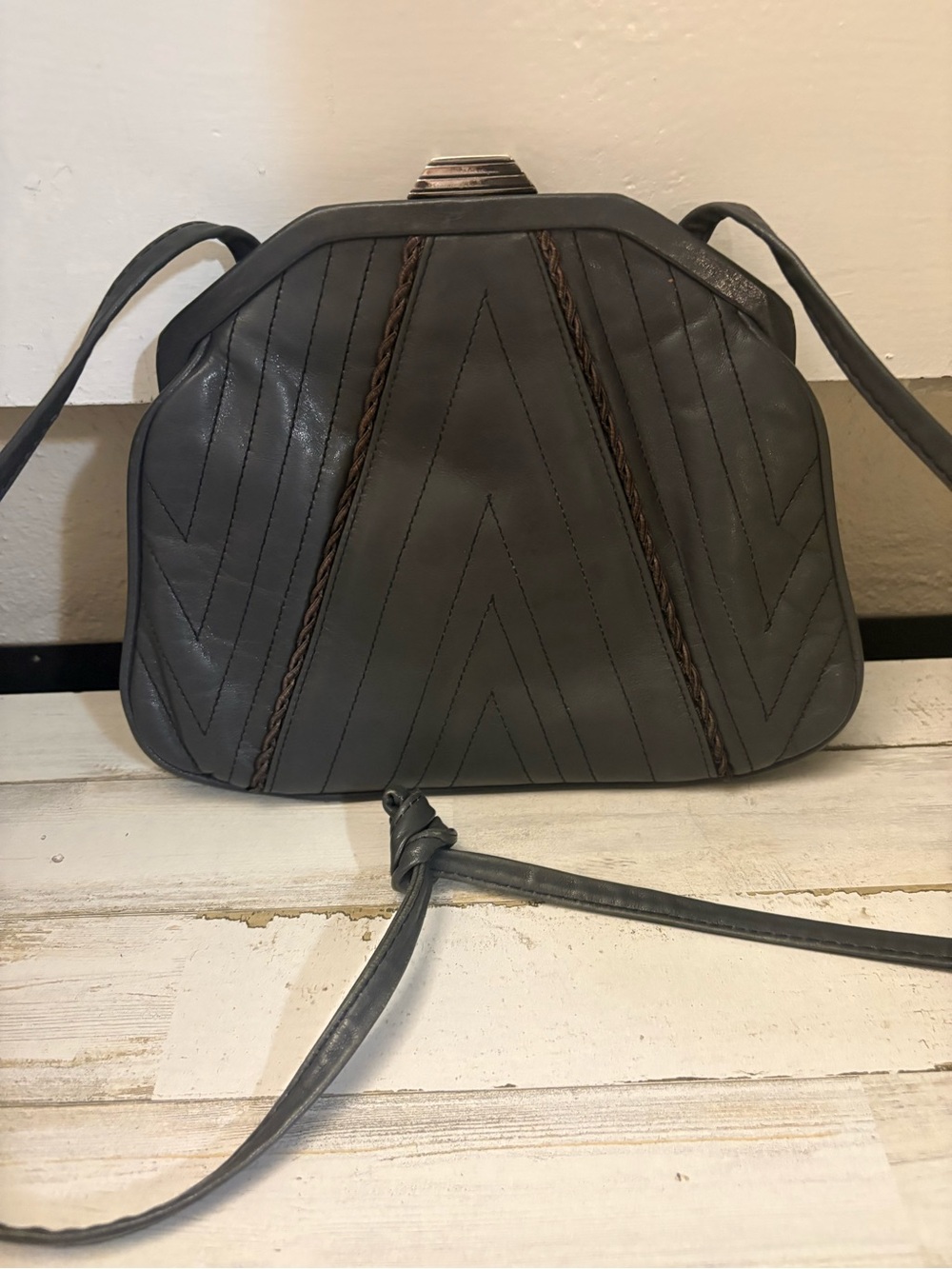 Vintage Barbara Bolan Too Grey Chevron Quilted Leather Frame Bag Made in Italy